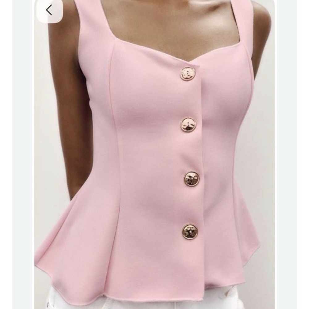 Zara Women's Pink Peplum Tank With Gold Buttons Small